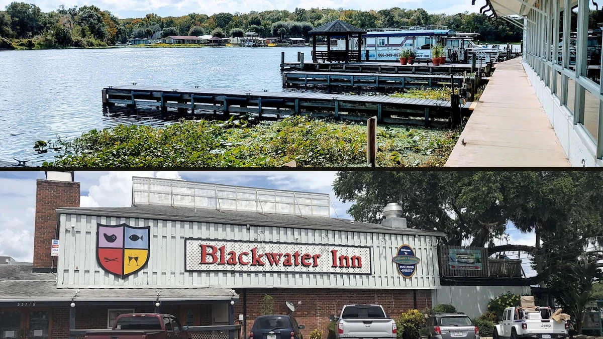 Outdoor seating beside the water at Williams Landing.