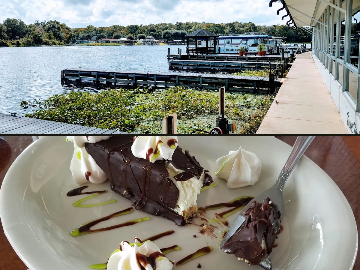 Outdoor seating beside the water at Williams Landing.